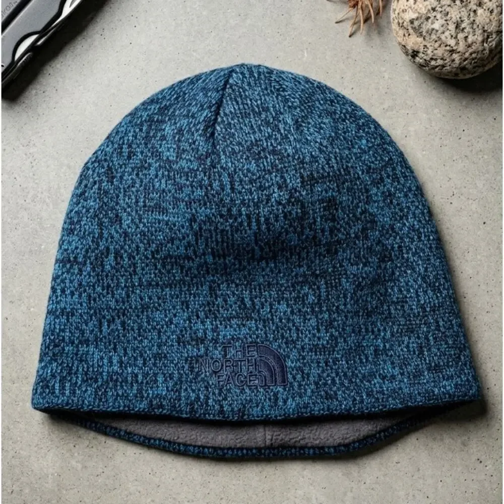 The North Face Blue Marled Beanie Hat Wool Blend Fleece Lined Winter Unisex cap